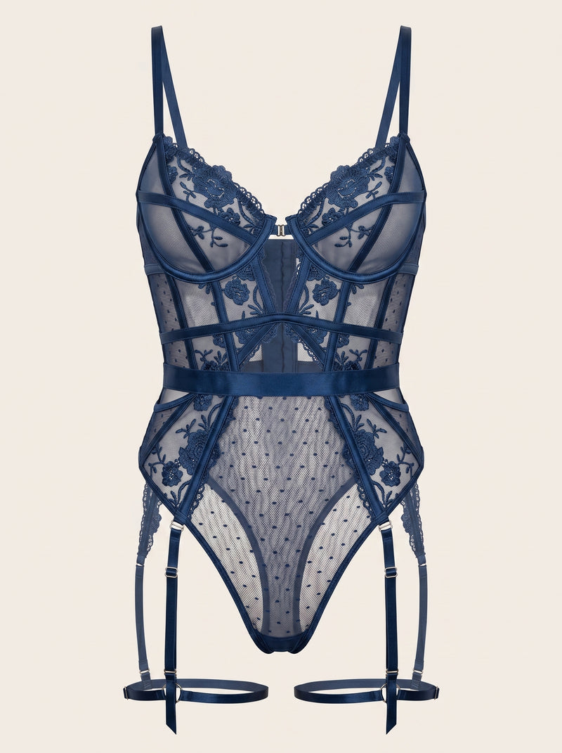 Navy Blue Lace Bodysuit with Strappy Detailing