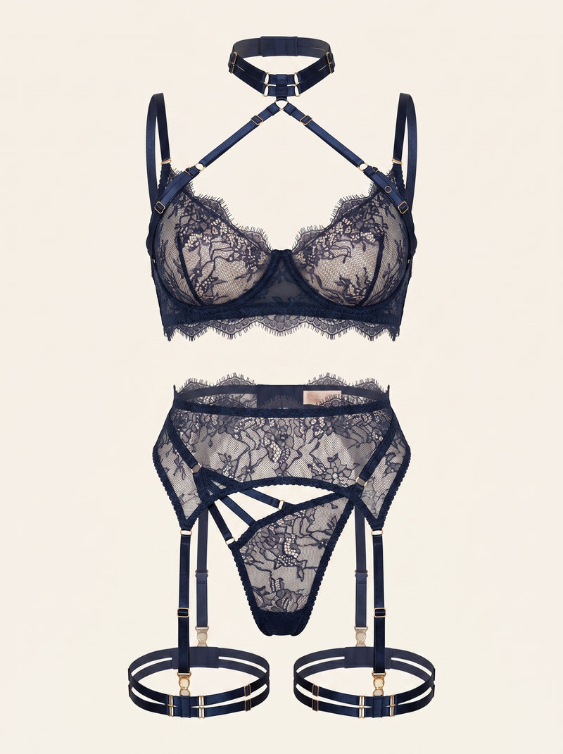Set di lingerie in pizzo blu navy con dettagli a strisce