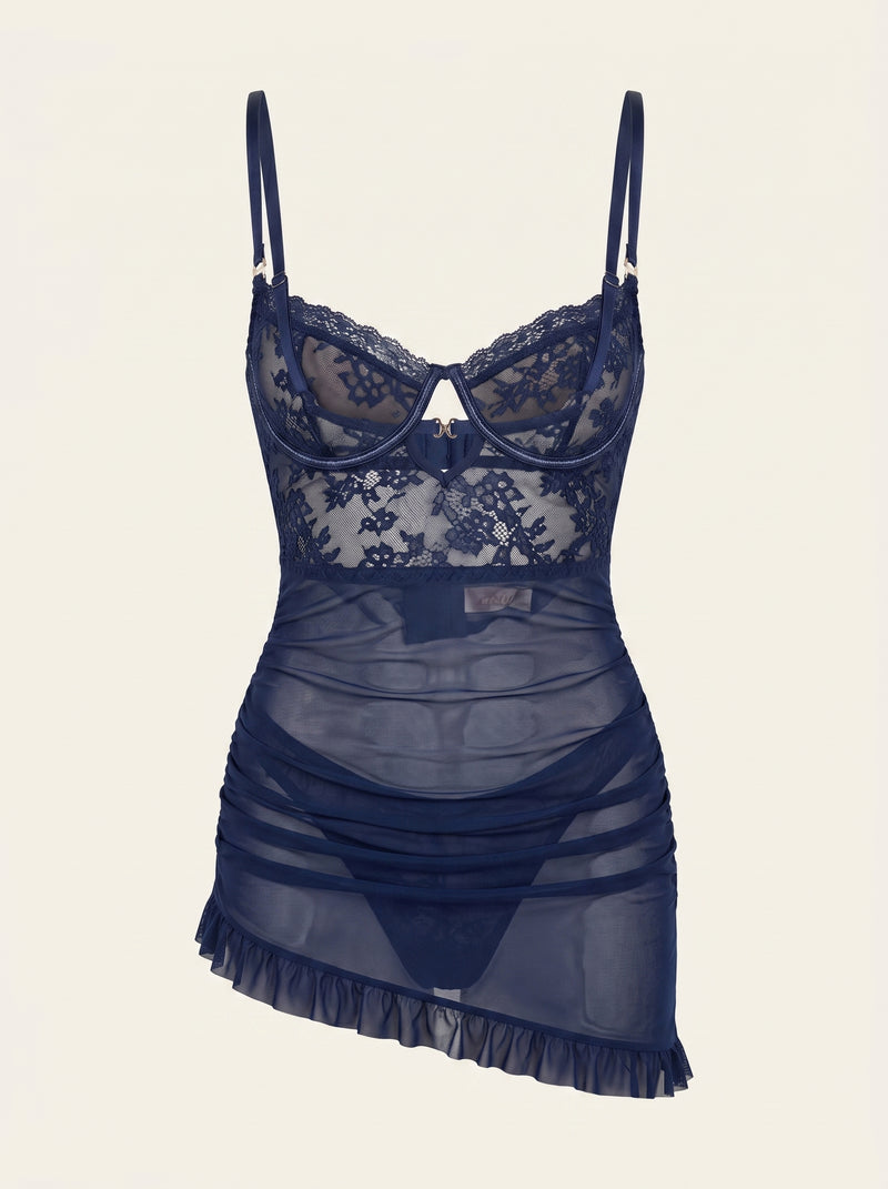 Camicetta da notte blu navy in pizzo con volant a cinturini
