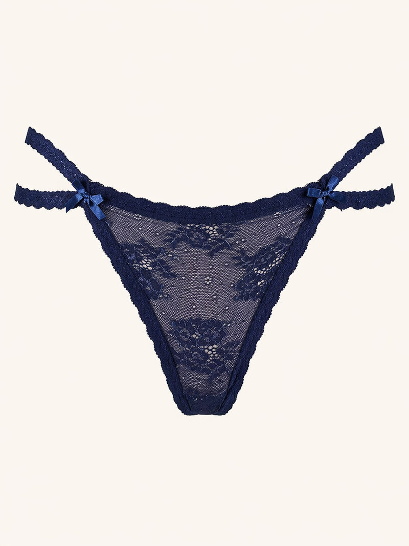 Navy Blue Lace Panty with Bow Detail and Scalloped Edges