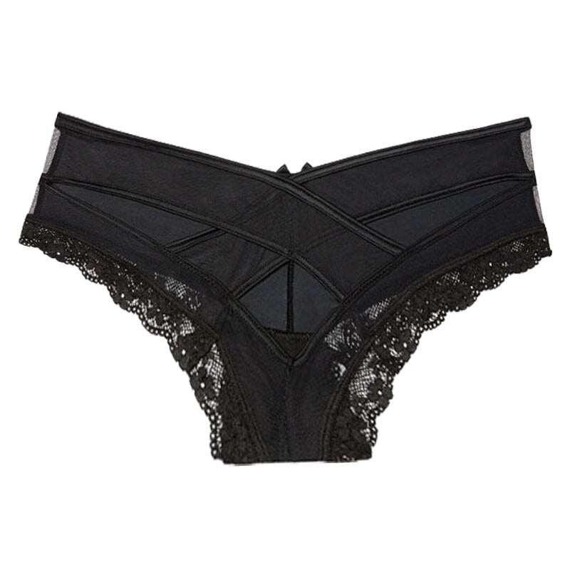 Navy Blue Mesh Lingerie Set with Lace Trim-Panty-Bellascena-Black-S/M-bellascena