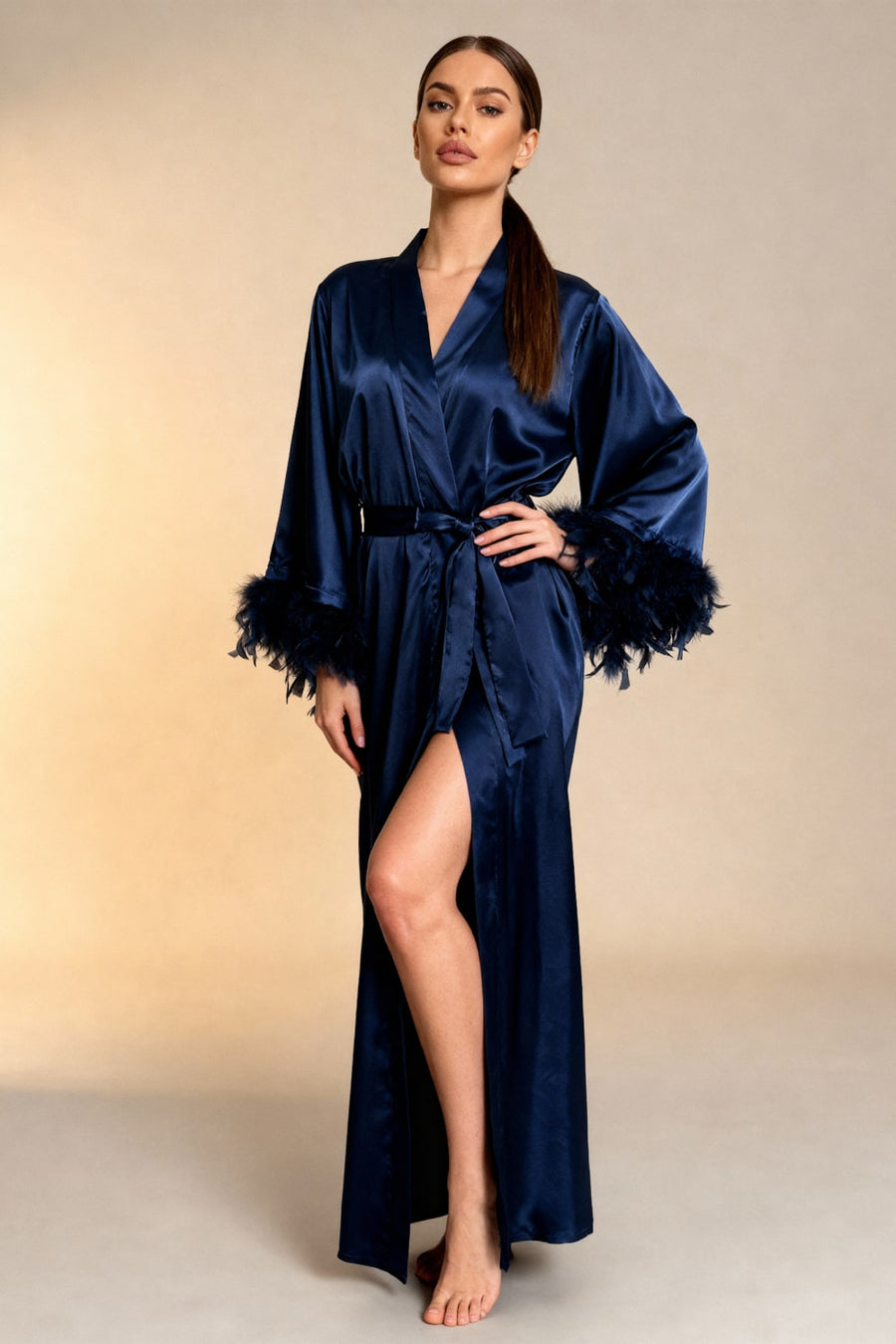 Navy Blue Satin Kimono Robe with Feather Trim-Kimono Robe-Bellascena-bellascena