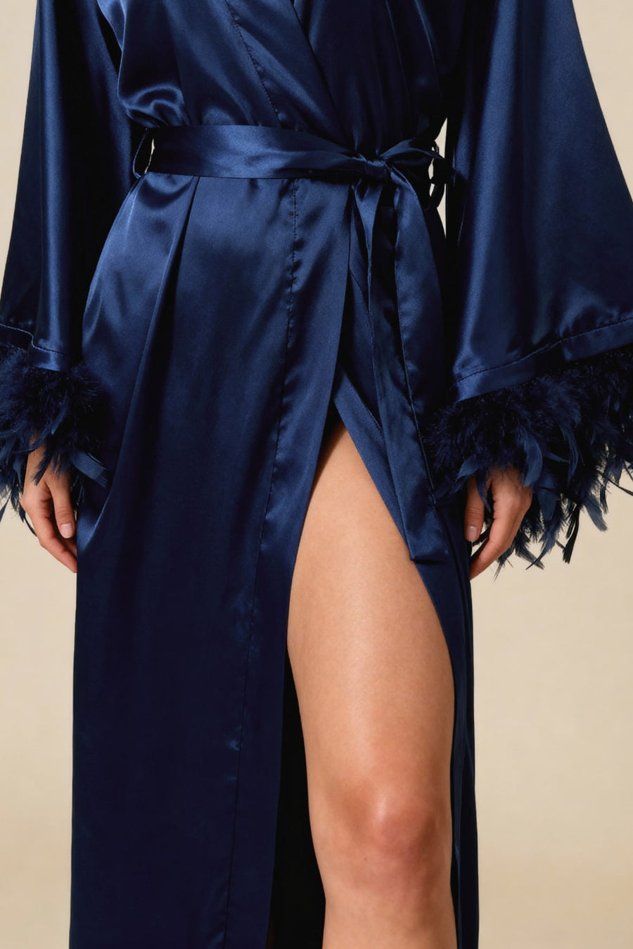 Navy Blue Satin Kimono Robe with Feather Trim-Kimono Robe-Bellascena-bellascena
