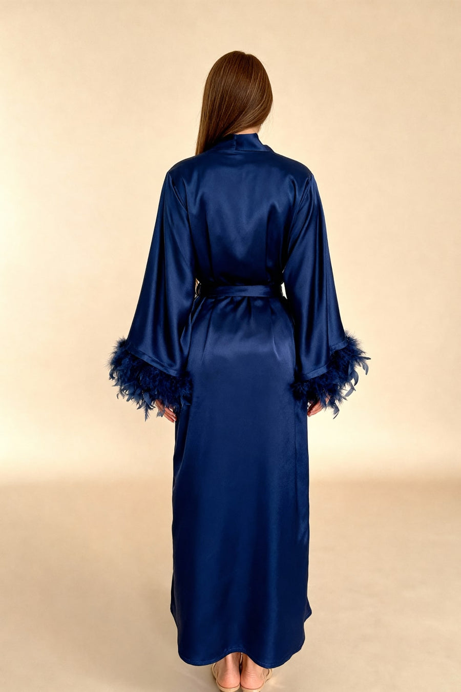 Navy Blue Satin Kimono Robe with Feather Trim-Kimono Robe-Bellascena-bellascena