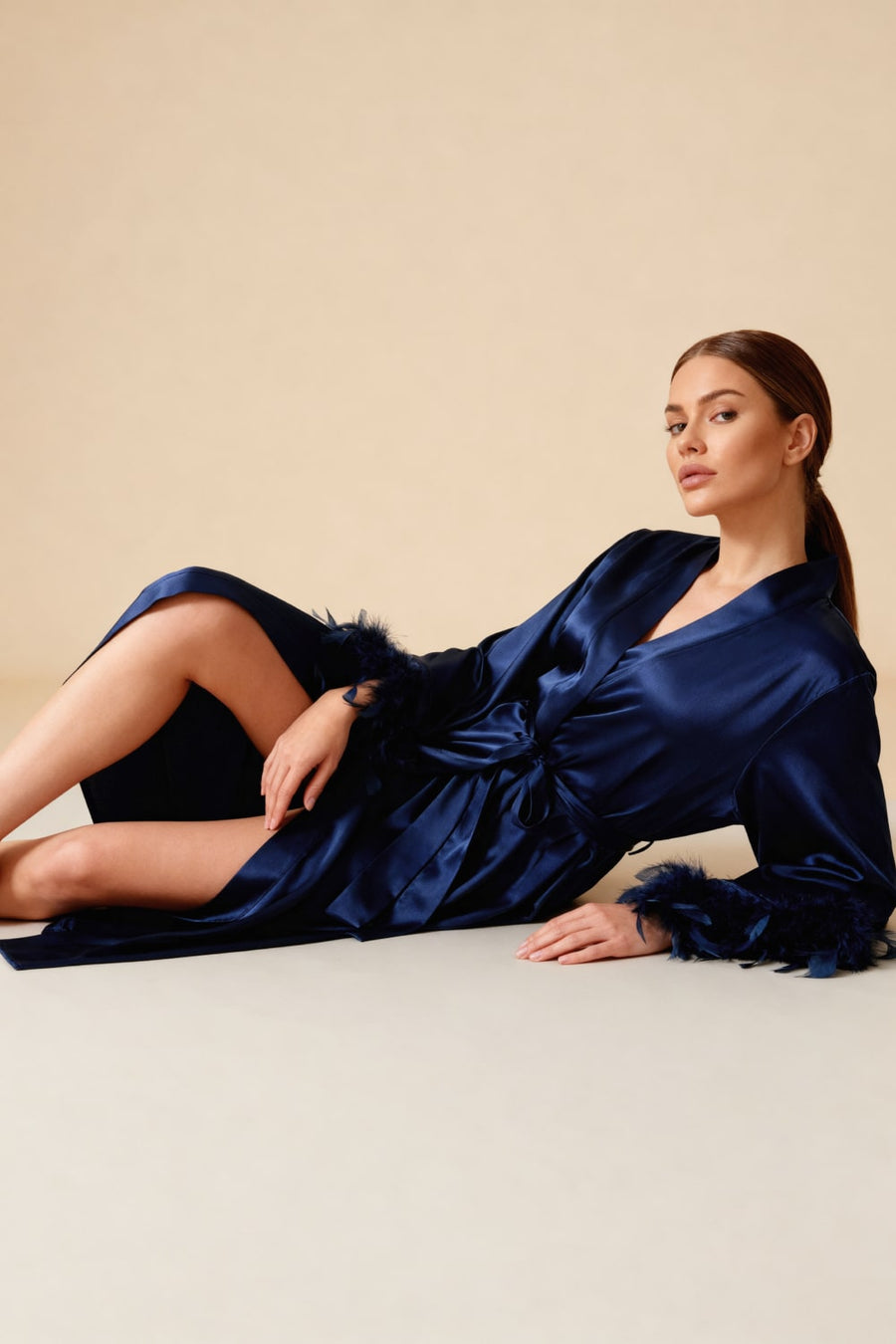 Navy Blue Satin Kimono Robe with Feather Trim-Kimono Robe-Bellascena-bellascena