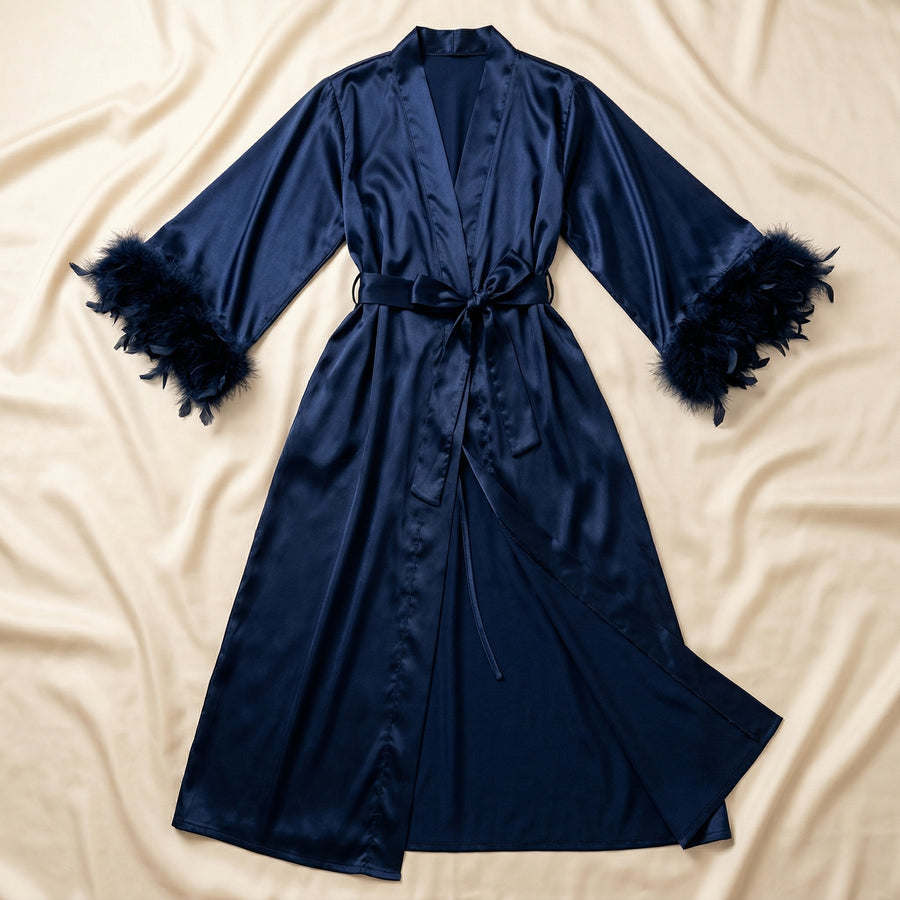 Navy Blue Satin Kimono Robe with Feather Trim-Kimono Robe-Bellascena-bellascena