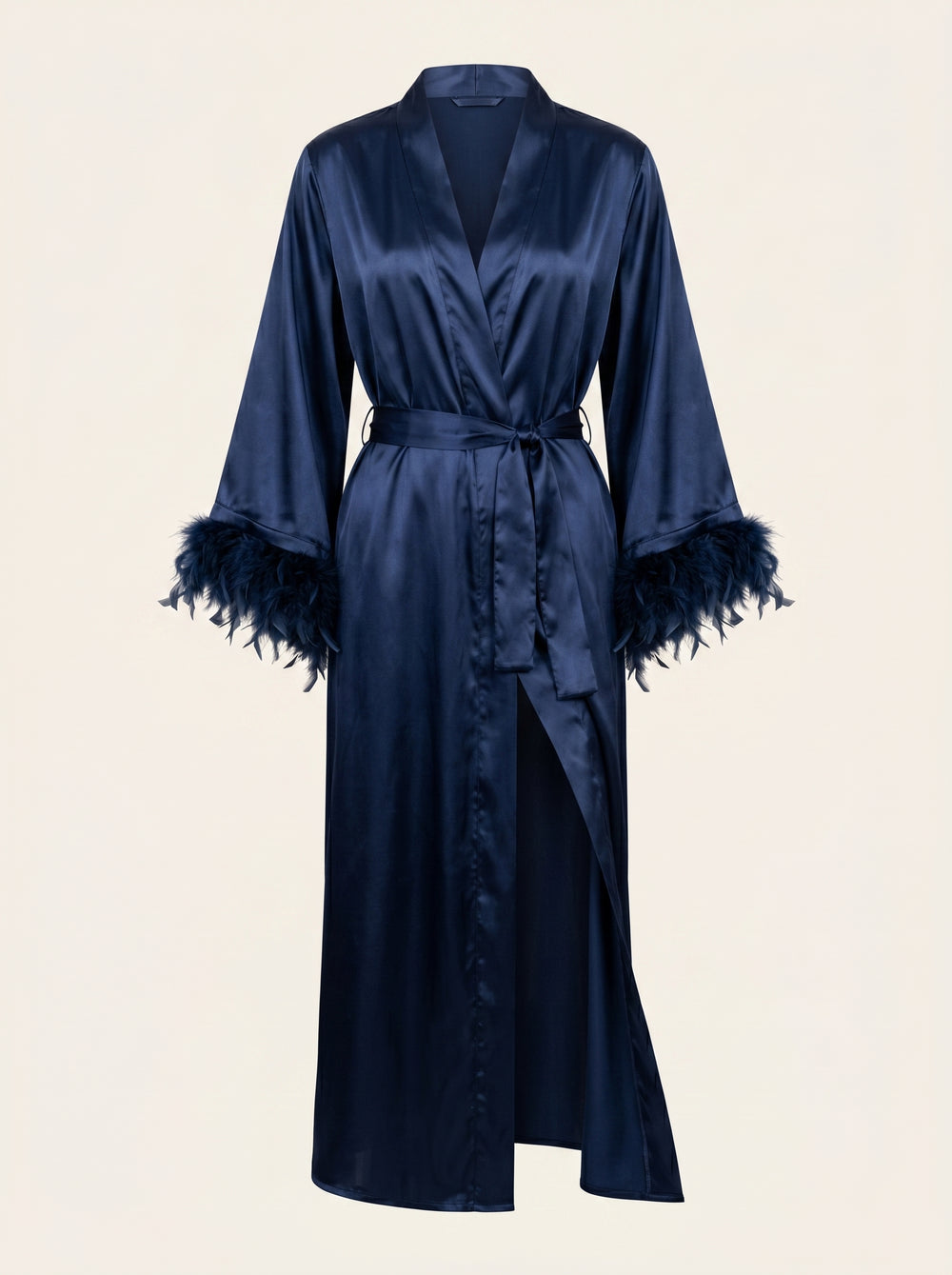 Nachtblauwe satijnen kimono met verenbies