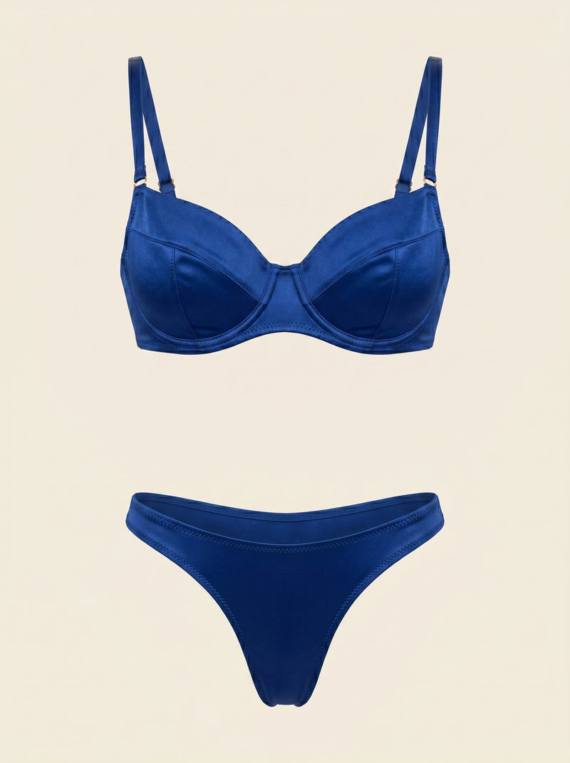 Navy Blue Satin Lingerie Set with Strappy Details
