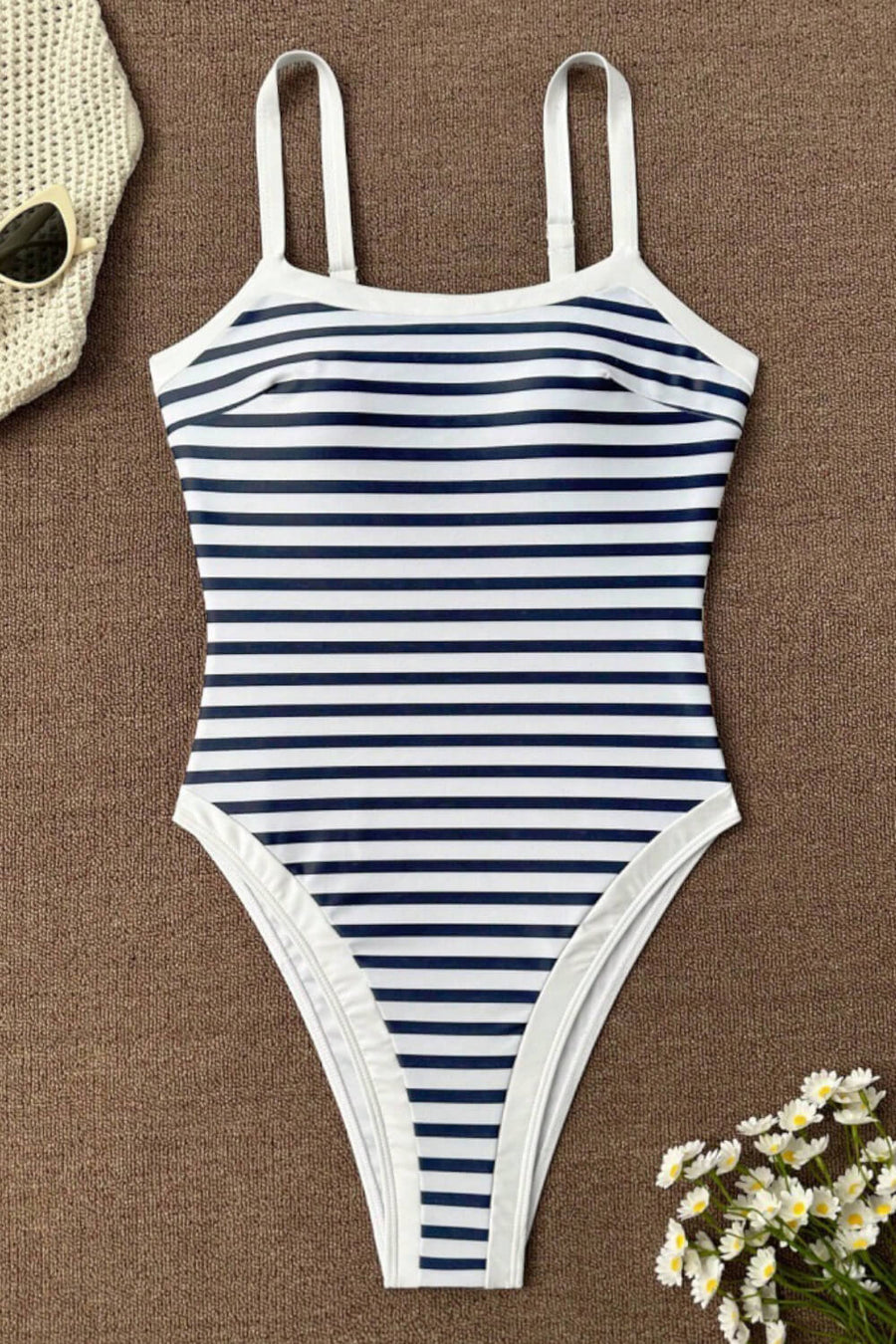 Navy Blue Stripe Polyester One-Piece Swimsuit with Strappy Detail-One-Piece Swimsuit-Bellascena-bellascena