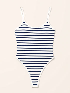 Navy Blue Stripe Polyester One-Piece Swimsuit with Strappy Detail-One-Piece Swimsuit-Bellascena-bellascena
