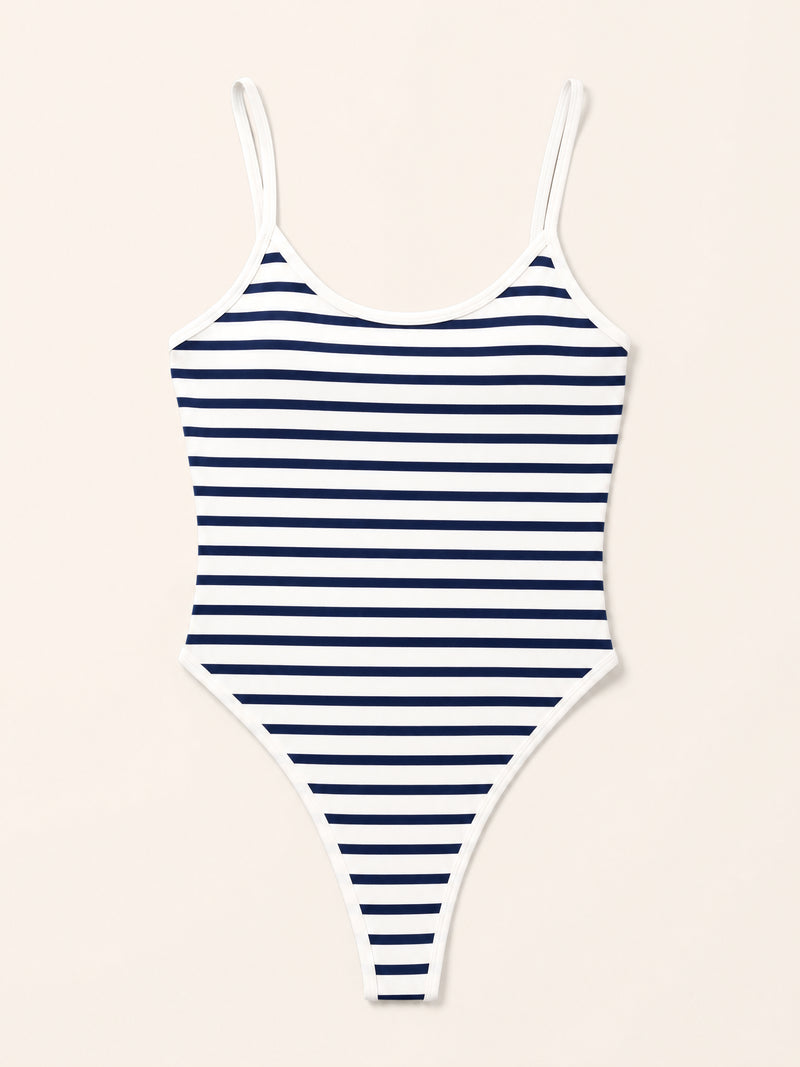 Costume intero in poliestere blu navy a righe con dettaglio a spalline
