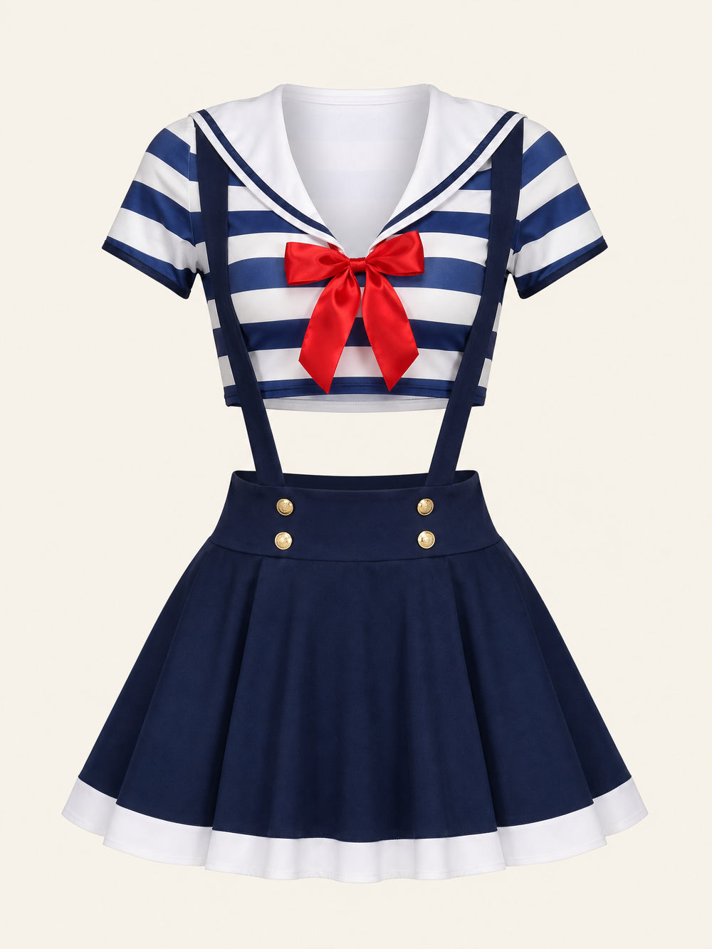 Set costume in cotone a righe blu navy e bianche con dettaglio a fiocco