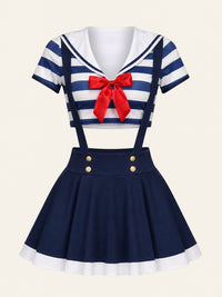 Navy and White Striped Cotton Costume Set with Bow Detail