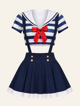 Navy and White Striped Cotton Costume Set with Bow Detail-Lingerie Set-Bellascena-bellascena