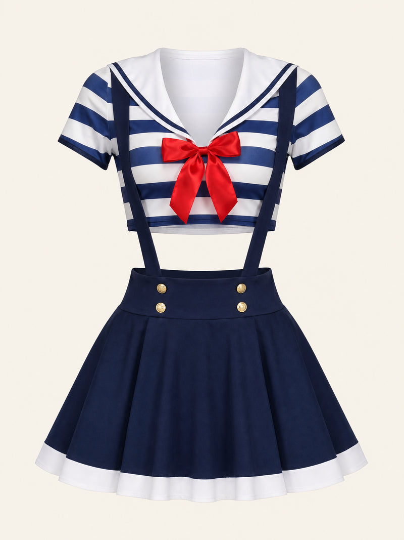 Navy and White Striped Cotton Costume Set with Bow Detail