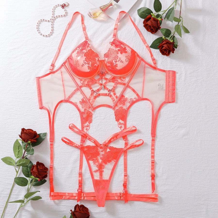 Neon Coral Floral Lace Bodysuit with Strappy Cutouts-Bodysuit-Bellascena-bellascena