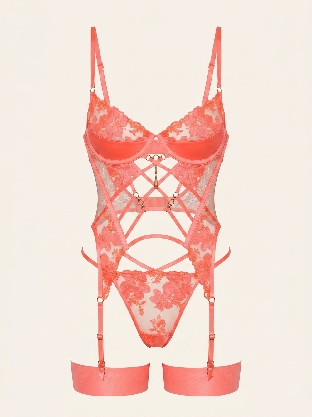 Neon Coral Floral Lace Bodysuit with Strappy Cutouts