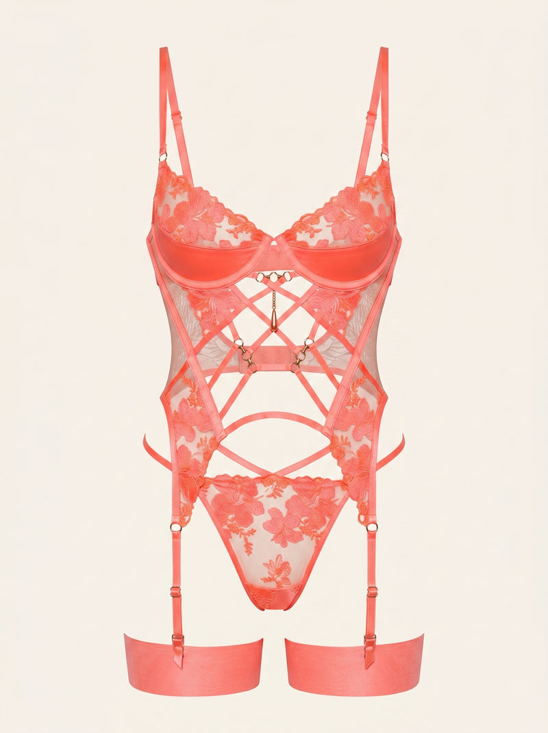 Neon Coral Floral Lace Bodysuit with Strappy Cutouts