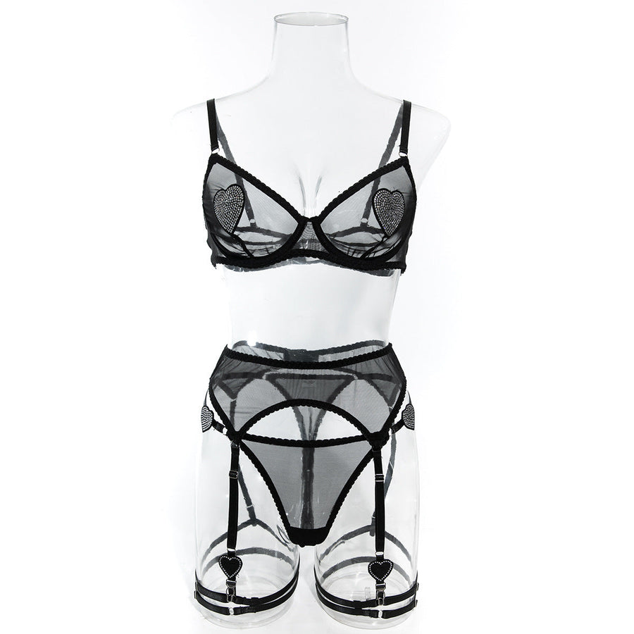 Neon Pink Mesh Lingerie Set with Heart Detail-Lingerie Set-Bellascena-bellascena