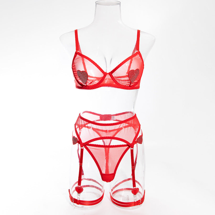 Neon Pink Mesh Lingerie Set with Heart Detail-Lingerie Set-Bellascena-bellascena