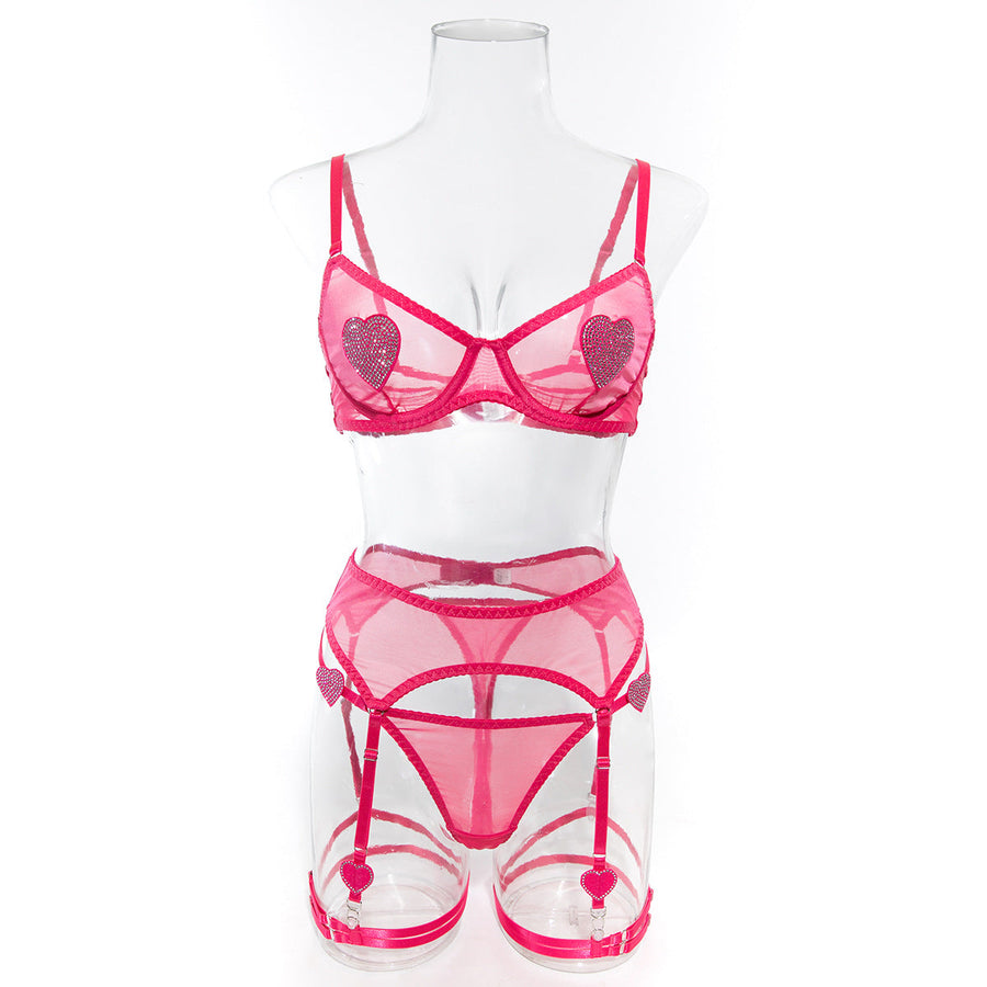 Neon Pink Mesh Lingerie Set with Heart Detail-Lingerie Set-Bellascena-bellascena