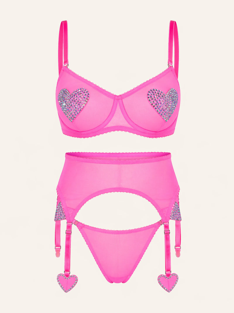 Completo lingerie in rete rosa neon con dettaglio a cuore