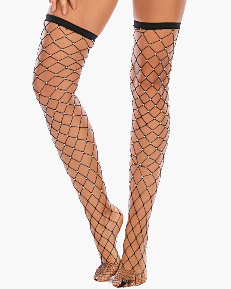 Neon Yellow Fishnet Tights with Rhinestones-Tights-Bellascena-Black-One Size-bellascena