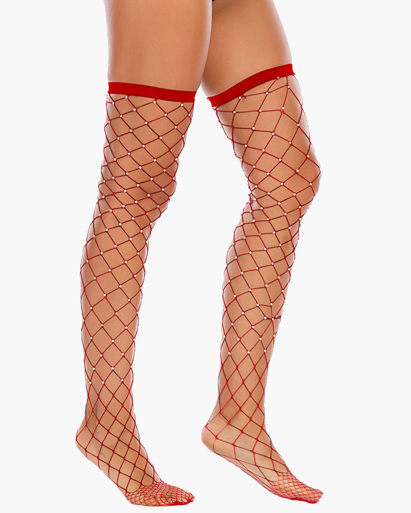 Neon Yellow Fishnet Tights with Rhinestones-Tights-Bellascena-Red-One Size-bellascena