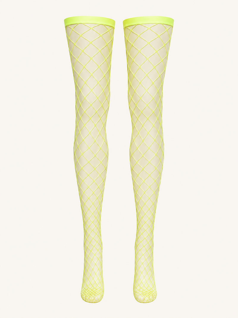 Neon Yellow Fishnet Tights with Rhinestones