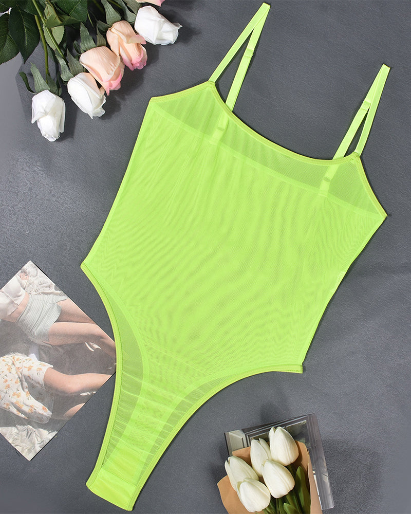 Neon Yellow Mesh Bodysuit with Strappy Sheer Design-Bodysuit-Bellascena-bellascena