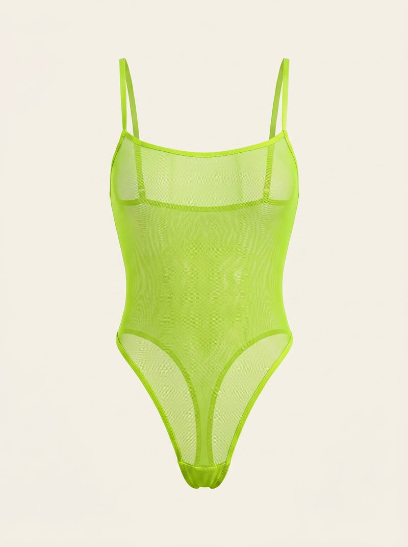 Neon Yellow Mesh Bodysuit with Strappy Sheer Design