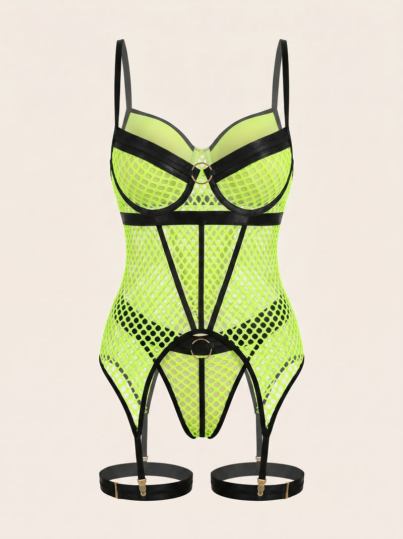 Bustier giallo neon in mesh con dettagli con fasce