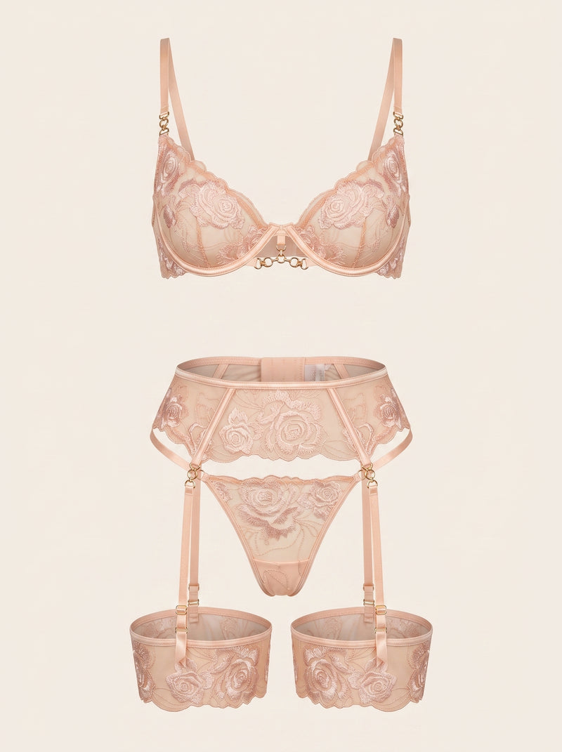 Set di lingerie in pizzo floreale color carne con dettaglio a strisce