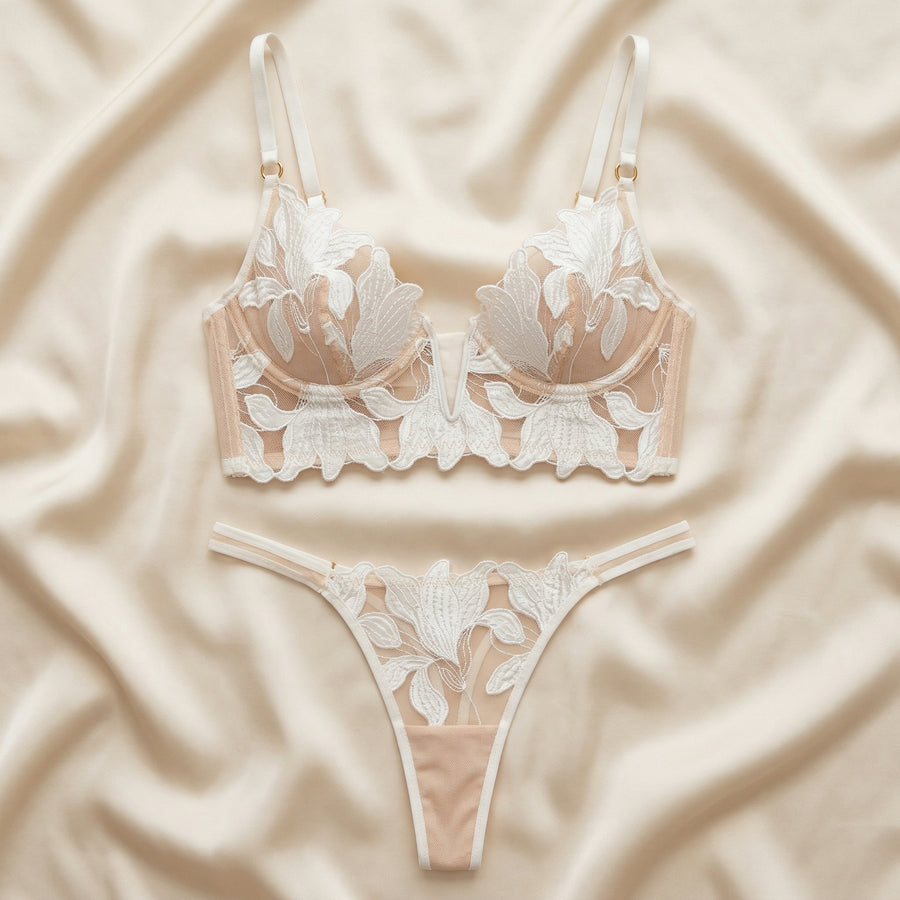Nude Mesh Lingerie Set with Floral Embroidery-Lingerie Set-Bellascena-bellascena