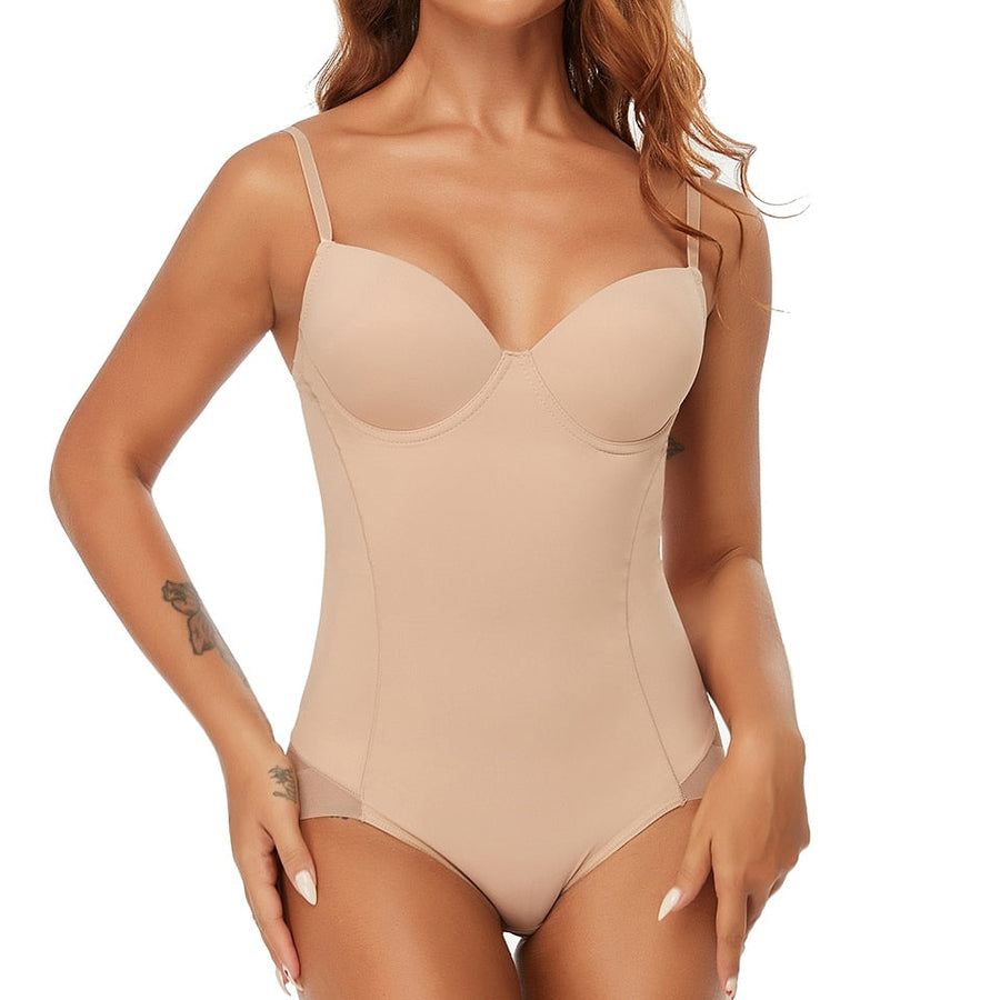 Nude Nylon Bodysuit with Adjustable Straps-Bodysuit-Bellascena-Beige-S-bellascena
