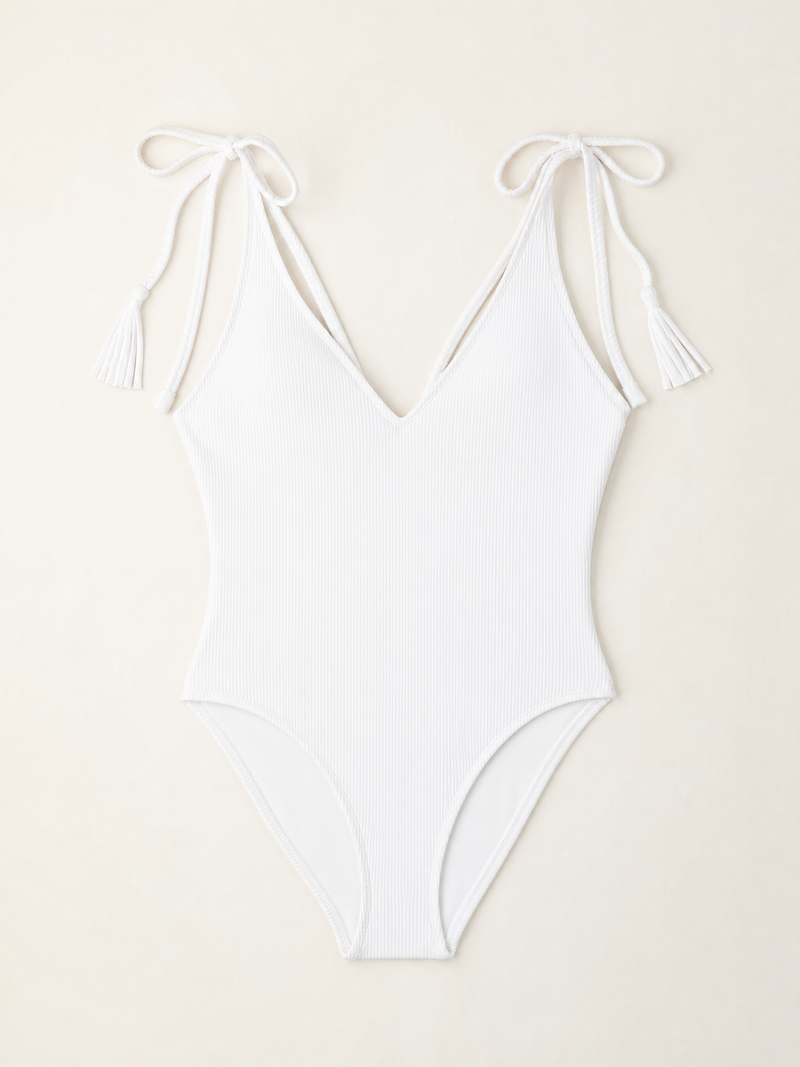Costume intero color bianco sporco a coste con dettaglio incrociato