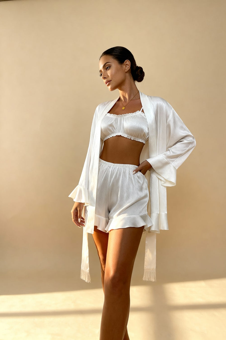 Off-White Satin Pajama Set with Ruffle Details-Pajama Set-Bellascena-bellascena