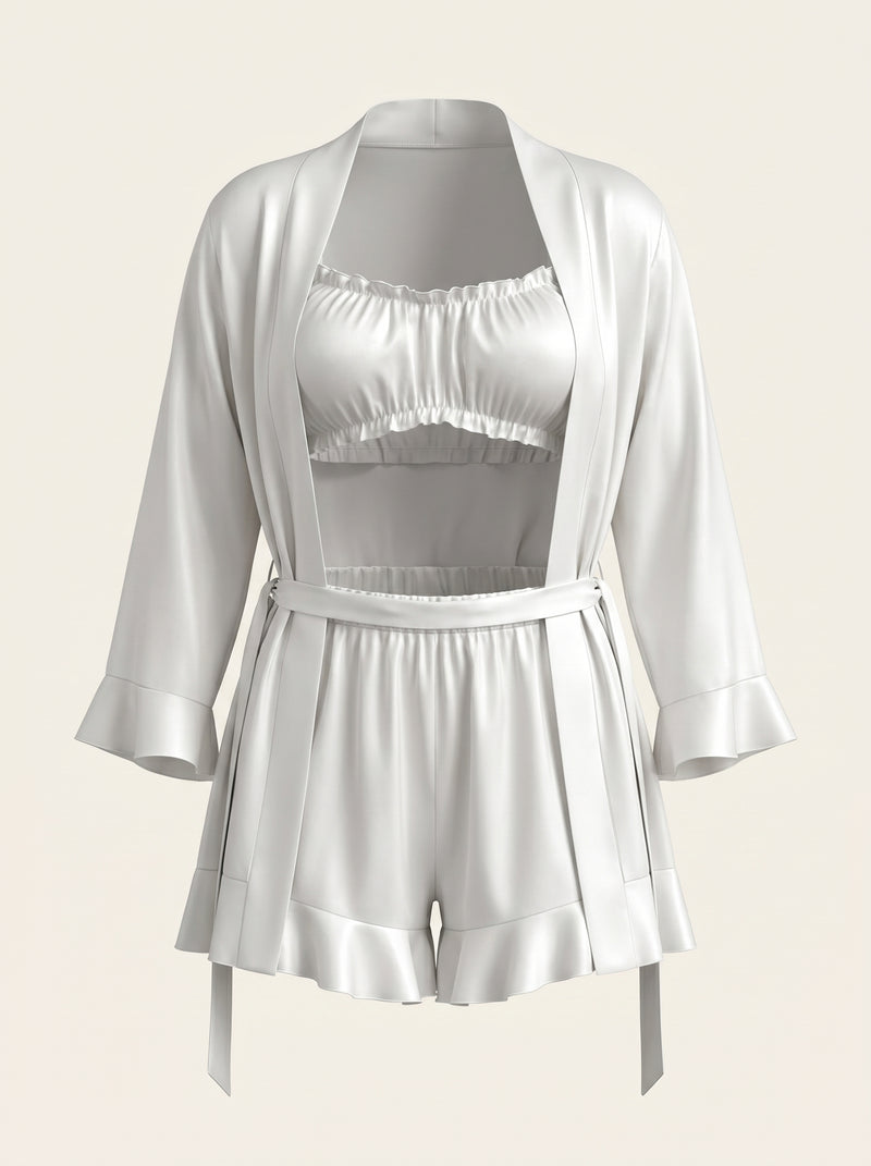 Off-White Satin Pajama Set with Ruffle Details