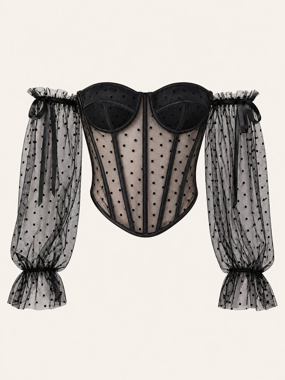 Bustier nero in tulle a pois con scollo alla bardot e maniche a volant