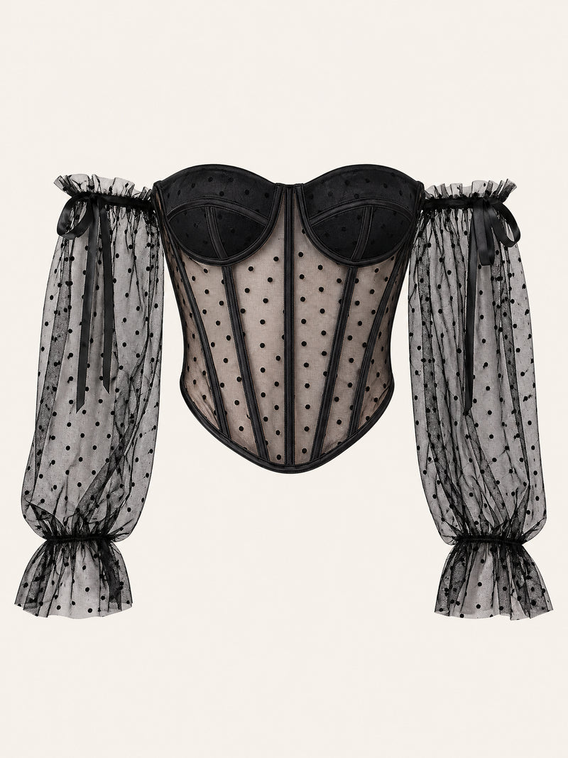Body nero in mesh a pois con scollo Bardot e dettagli arricciati