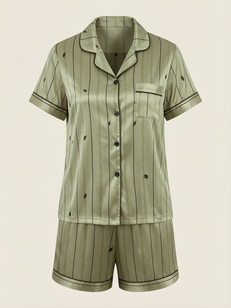 Olive Striped Satin Pajama Set with Button-Up Charm