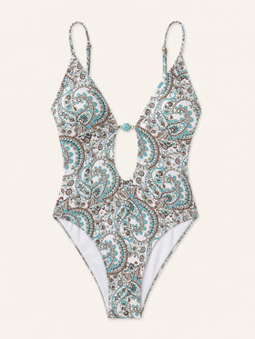 Paisley Print Synthetic One-Piece Swimsuit with Cutout Detailing-One-Piece Swimsuit-Bellascena-bellascena