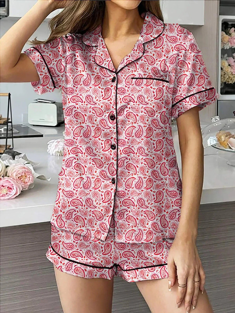 Paisley Red Cotton Pajama Set with Contrast Piping-Pajama Set-Bellascena-bellascena