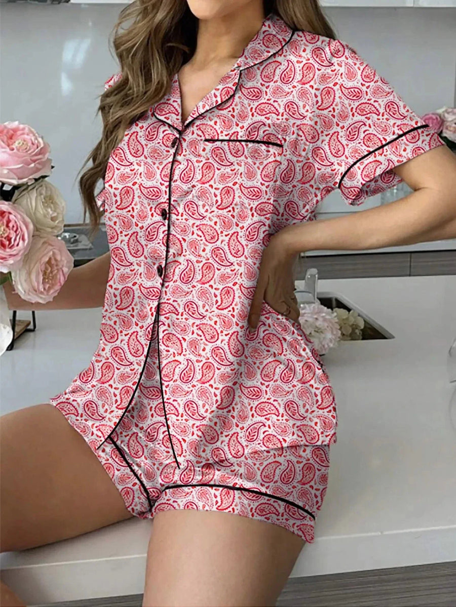 Paisley Red Cotton Pajama Set with Contrast Piping-Pajama Set-Bellascena-bellascena