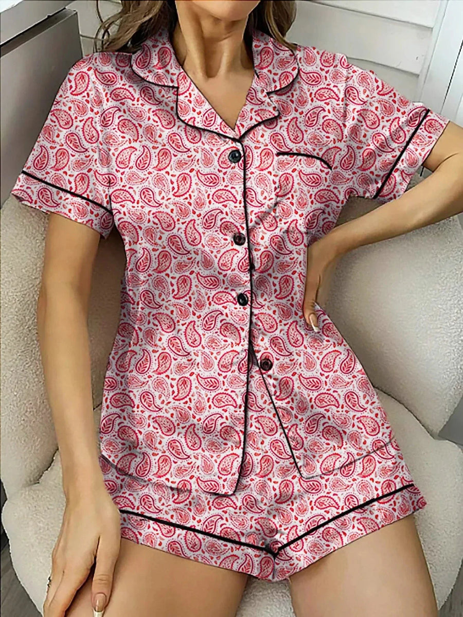 Paisley Red Cotton Pajama Set with Contrast Piping-Pajama Set-Bellascena-bellascena