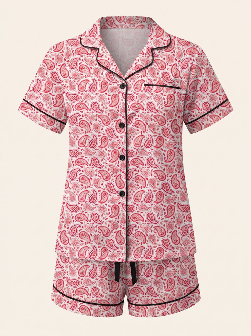 Paisley Red Cotton Pajama Set with Contrast Piping