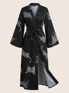 Panther Print Satin Kimono Robe with Waist Tie-Kimono Robe-Bellascena-bellascena