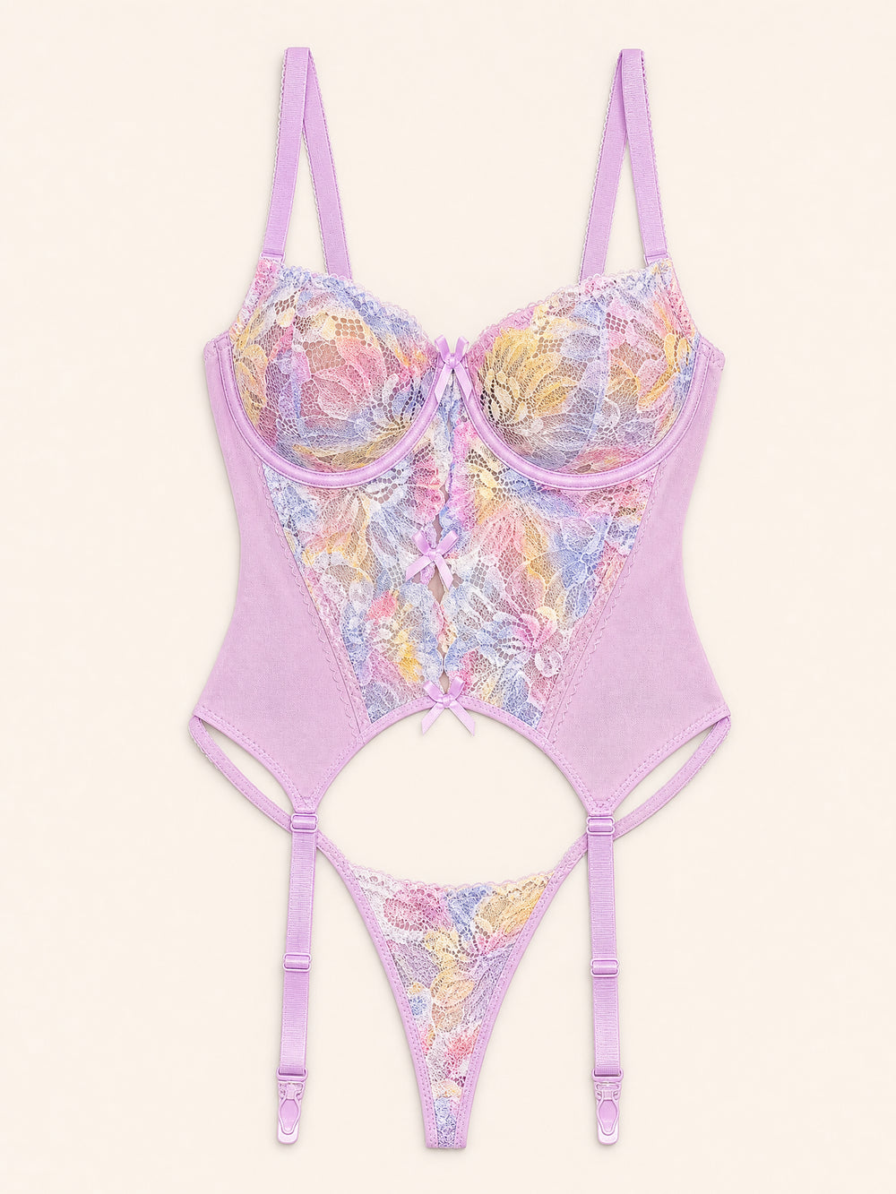 Ensemble de lingerie en dentelle florale pastel avec corset et détails à brides