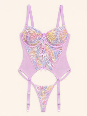 Pastel Floral Lace Corset with Strappy Details-Corset-Bellascena-bellascena
