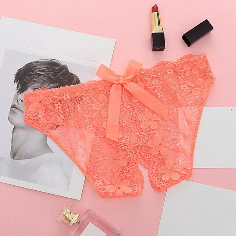 Peach Lace Panty with Bow Detail and Scalloped Edges-Panty-Bellascena-Orange-Universal-bellascena